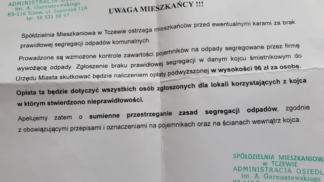 Tczew - Jeden nie segreguje, zapłacą wszyscy? Spółdzielnia ostrzega lokatorów