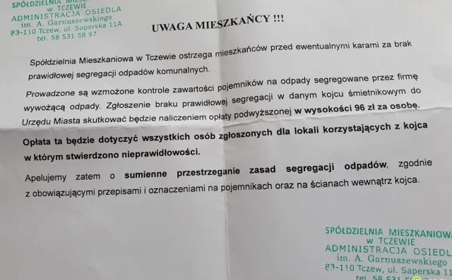 Tczew - Jeden nie segreguje, zapłacą wszyscy? Spółdzielnia ostrzega lokatorów