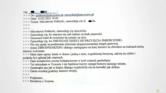 Tczew - Prezydent Tczewa otrzymał groźbę śmierci