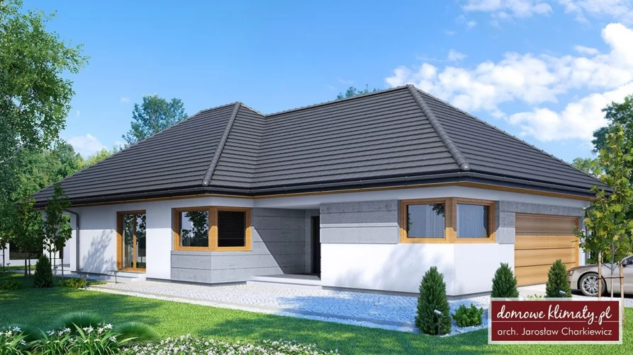 Projekt domu parterowego - awokado - szeroki garaż -2-stanowiskowy z dachem wielospadowym