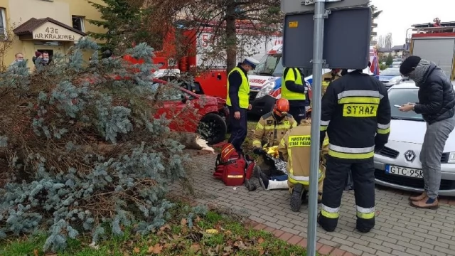 Tczew - Ul. Armii Krajowej. Po zderzeniu z osobówką drzewo spadło na spacerowicza [WIDEO]