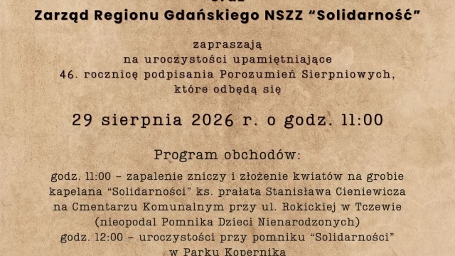 Tczew - 46. rocznica podpisania Porozumień Sierpniowych