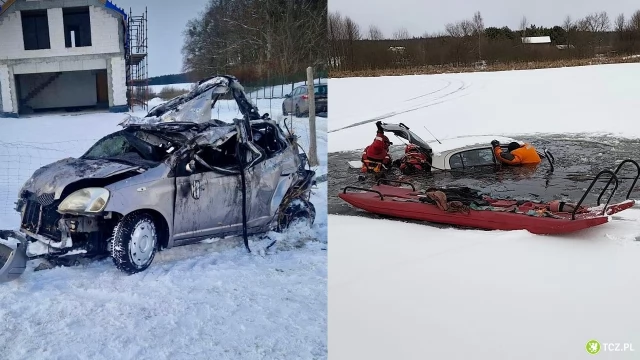 Tczew - Wjechali samochodem na zamarznięte jezioro. Lód się załamał [AKTUALIZACJA]