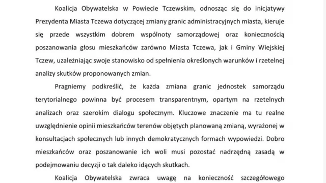 Tczew - KO zabiera głos ws. poszerzenia granic miasta