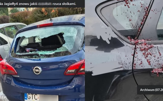 Tczew - Znów lecą słoiki i butelki z wieżowca przy Jagiełły. Kolejne samochody uszkodzone