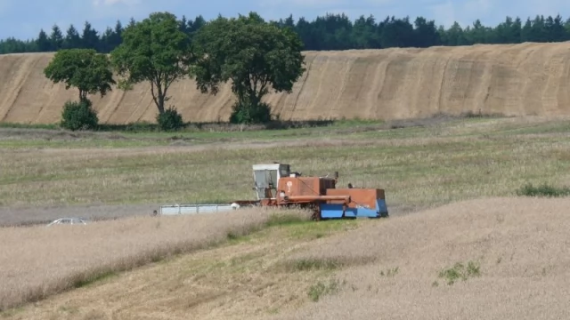 Tczew - Kombajn stanął w płomieniach. Strażacy walczyli, by ogień nie przeniósł się na las
