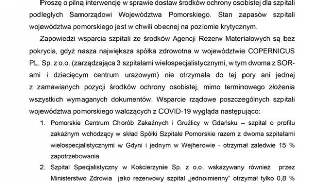 Tczew - Dramatyczny list władz województwa do resortu zdrowia. "Stan zapasów na poziomie krytycznym"