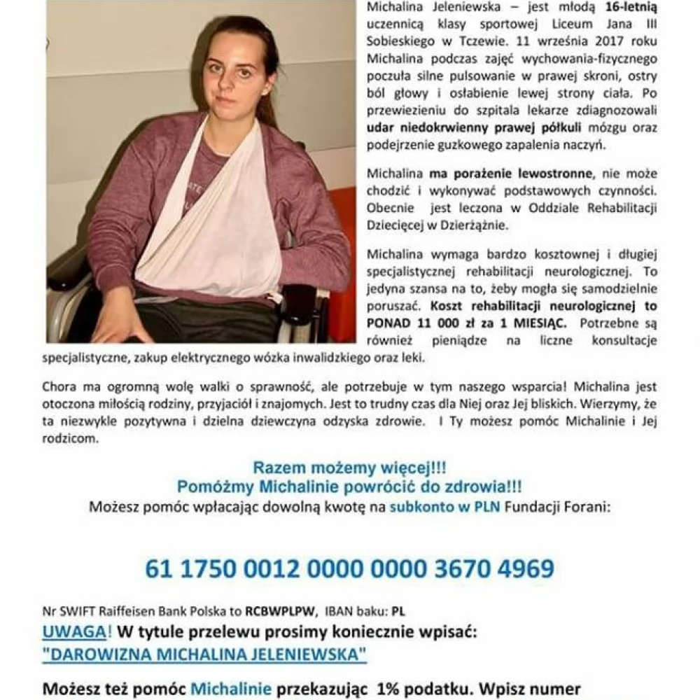 Pomóżmy Michalinie Jeleniewskiej w powrocie do zdrowia!