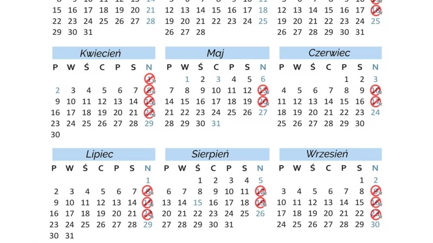 Kalendarz 2018 - niedziele z zakazem handlu