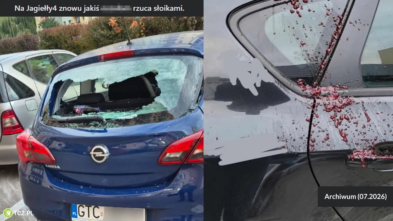 Znów lecą słoiki i butelki z wieżowca przy Jagiełły. Kolejne samochody uszkodzone
