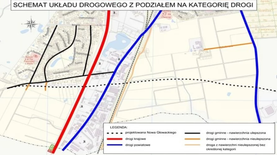 Przerywaną linią zaznaczono projketowaną ulicę