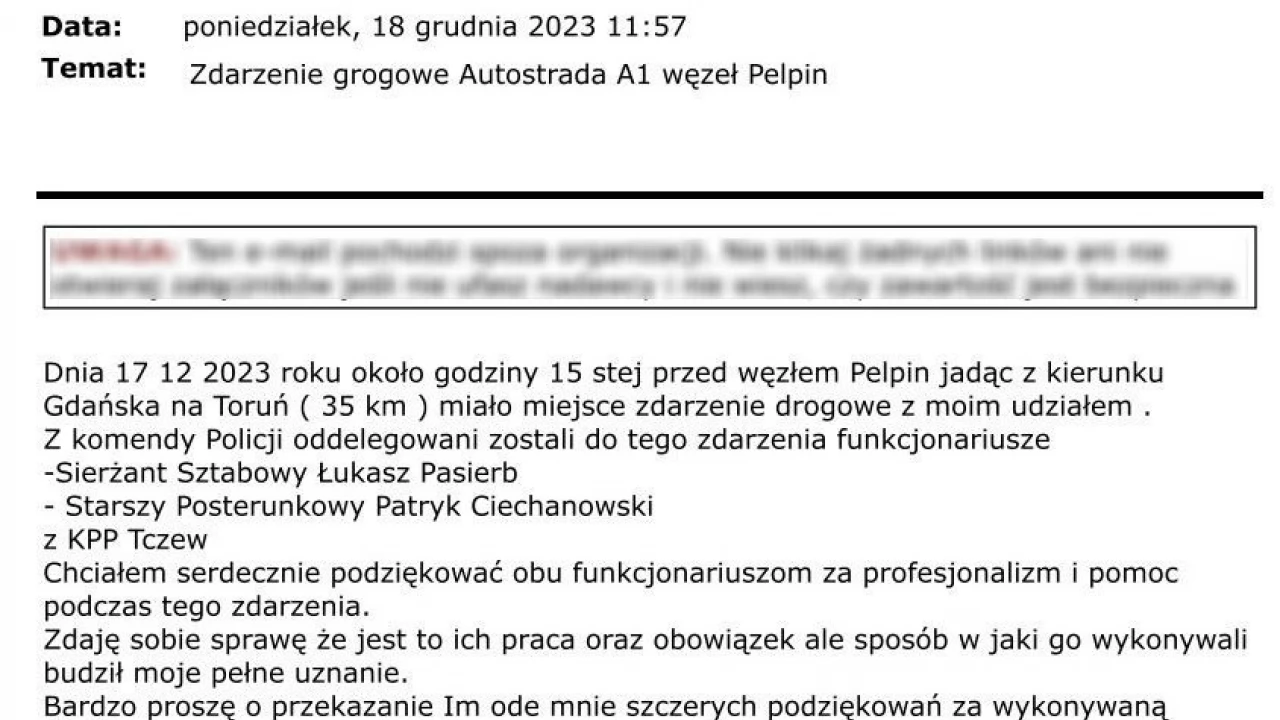 Mail z podziękowaniami dla policjantów tczewskiej drogówki