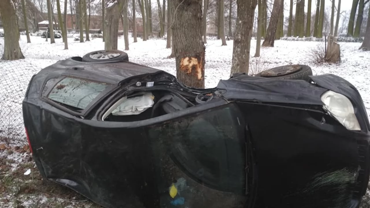 Groźny wypadek w Stanisławiu. Auto oplotło się wokół drzewa