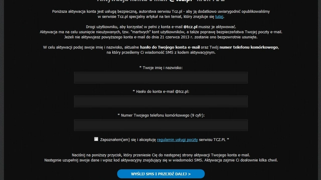 Wymagana aktywacja konta e-mail w systemie "poczta.tcz.pl"