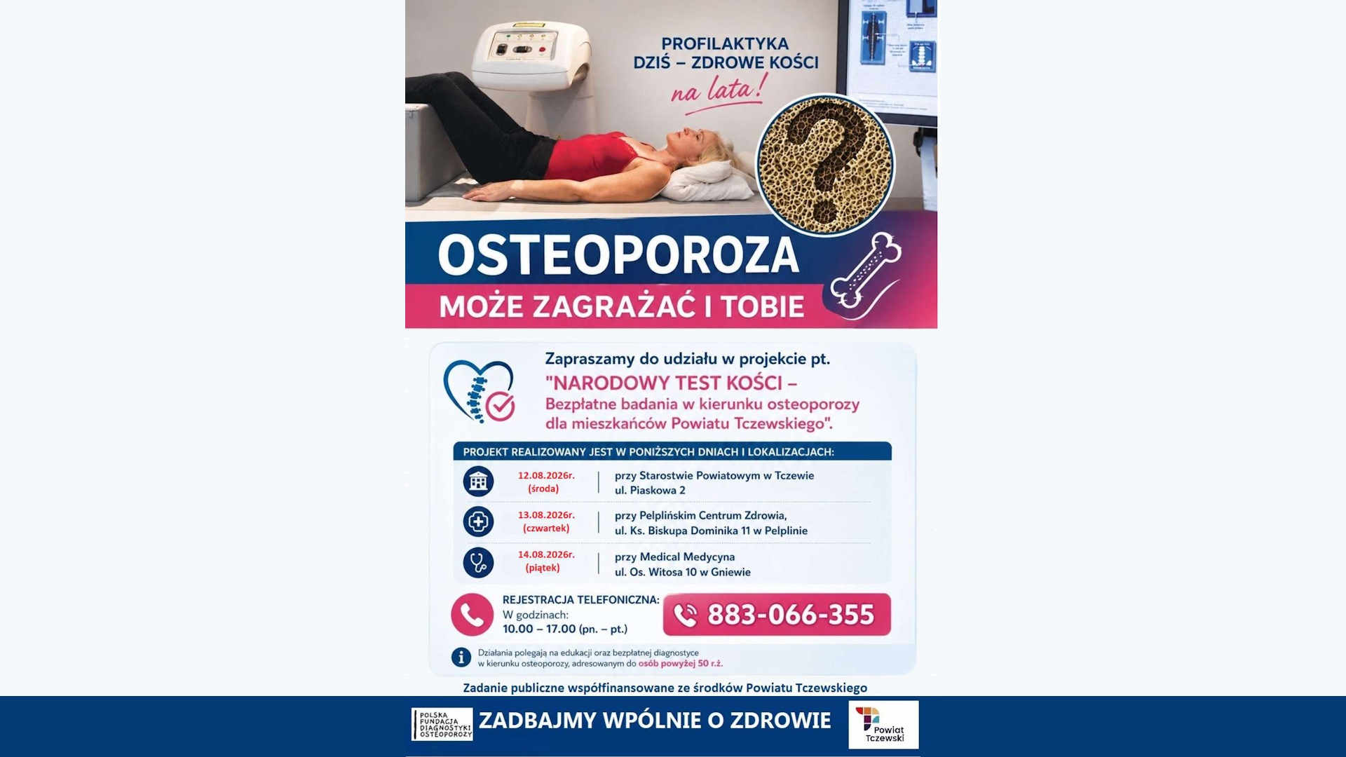 Bezpłatne badania w kierunku osteoporozy dla mieszkańców Powiatu Tczewskiego - Aktualności